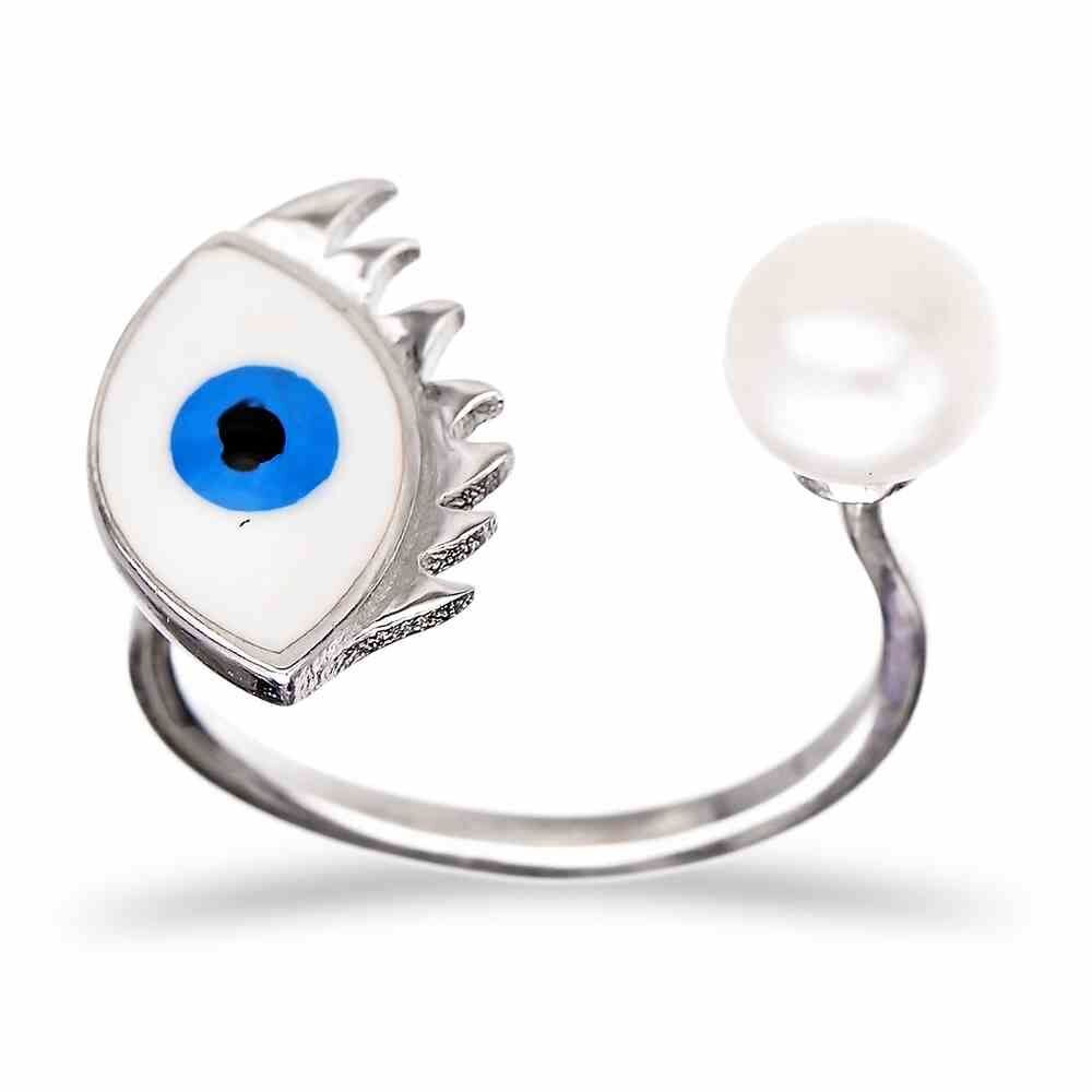 Pearl Turkish Wholesale Handcrafted Adjustable Evil Eye Silver Ring